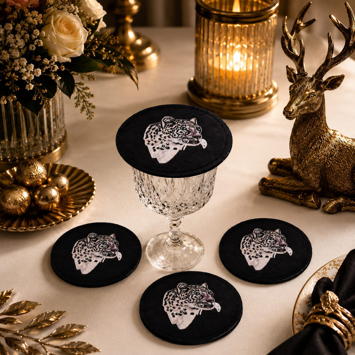 Snow Leopard Embroidered Coaster Set
