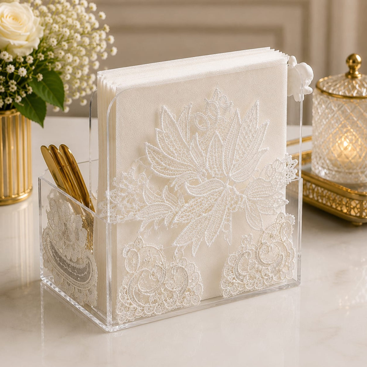 Ivory Lace Cutlery & Tissue Holder