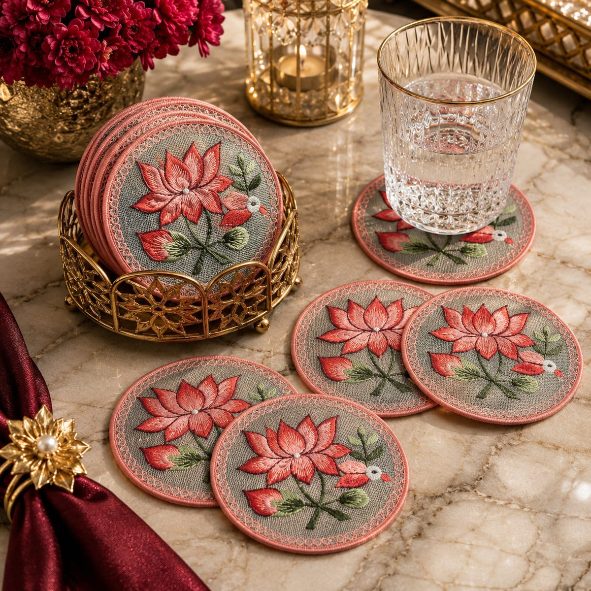 Rosé Lotus Bloom Embroidered Coaster Set