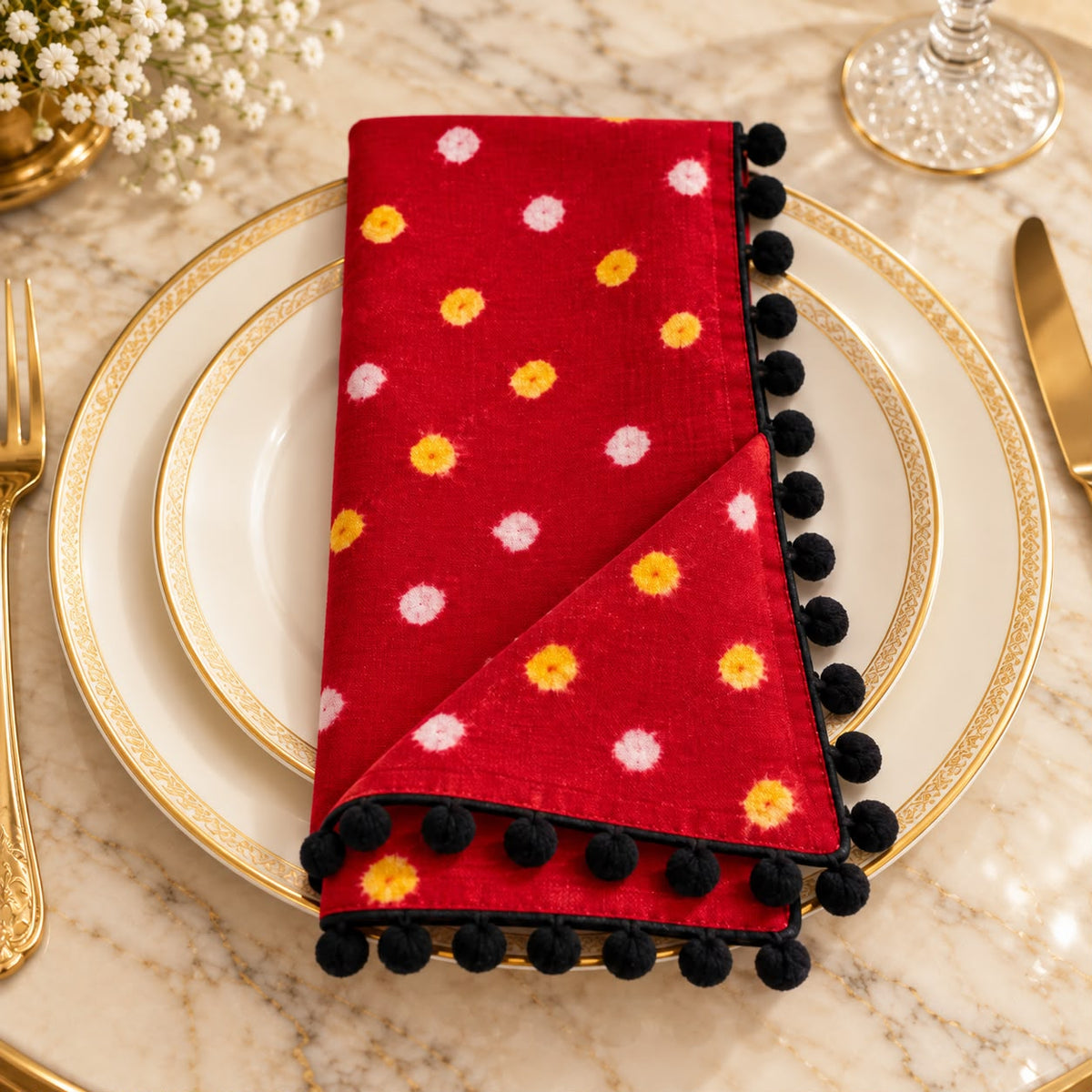 Red Bandhani Pom-Pom Napkin