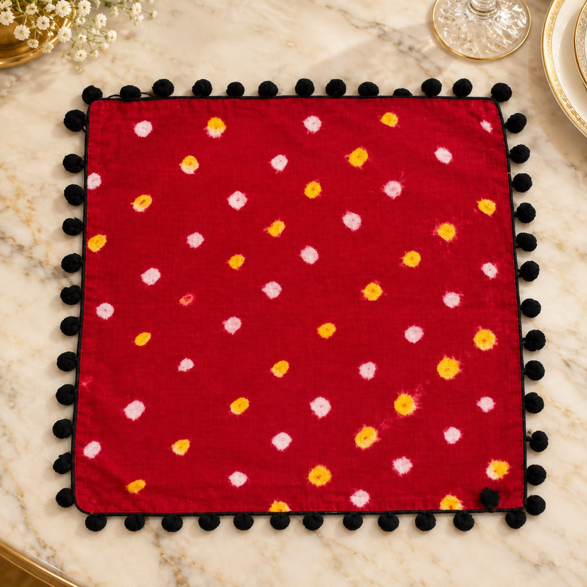 Red Bandhani Pom-Pom Napkin