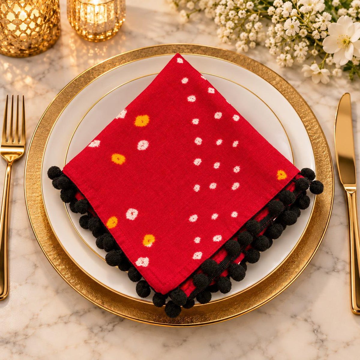 Red Bandhani Pom-Pom Napkin