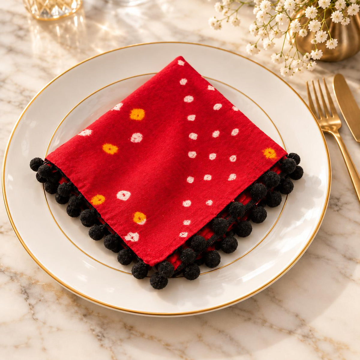 Red Bandhani Pom-Pom Napkin