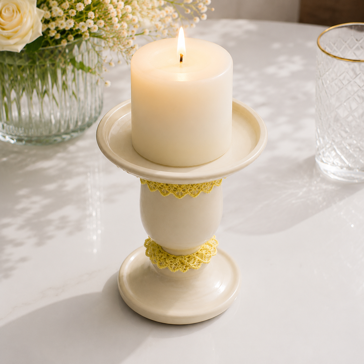 Ivory Bloom Pedestal Candle Stand
