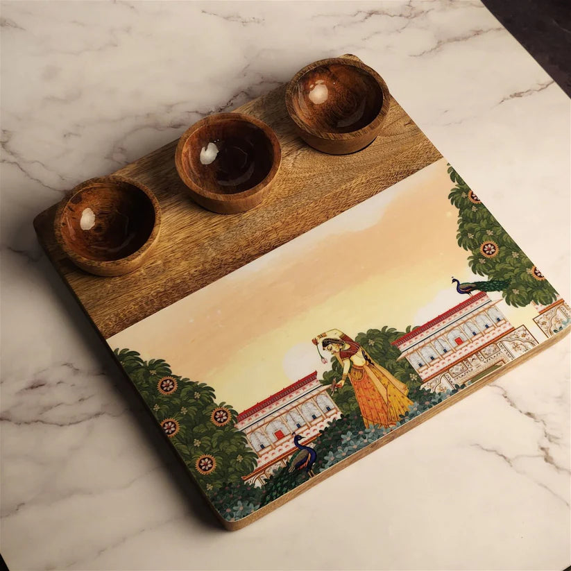 Wooden Snack Platter with 3 Bowls - Bagh-e-rangeen