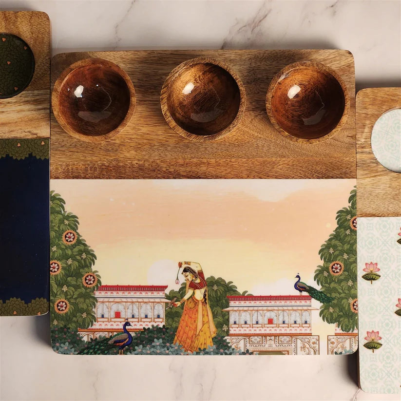 Wooden Snack Platter with 3 Bowls - Bagh-e-rangeen